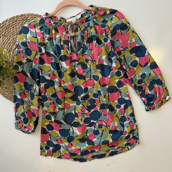 Boden Womens Multicolor Floral Tie Neck Blouse‎ Top 3/4 Sleeve Sz 2 - Picture 1 of 10